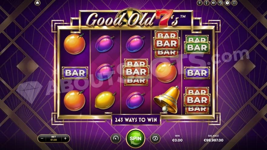 Base game with fruit, bell, and BAR symbols on the reels.