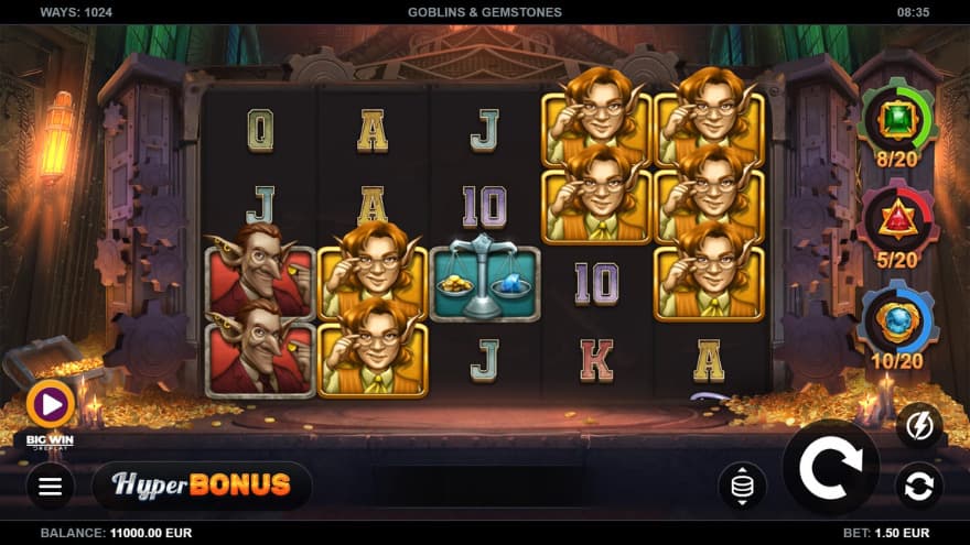 Base game with piles of gold in the background of the reels.