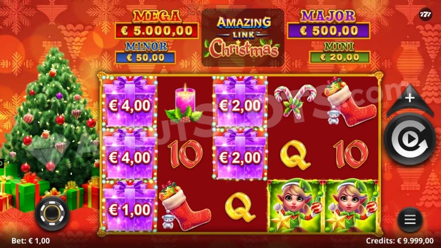 A casino slot in red with a Christmas tree to the left.