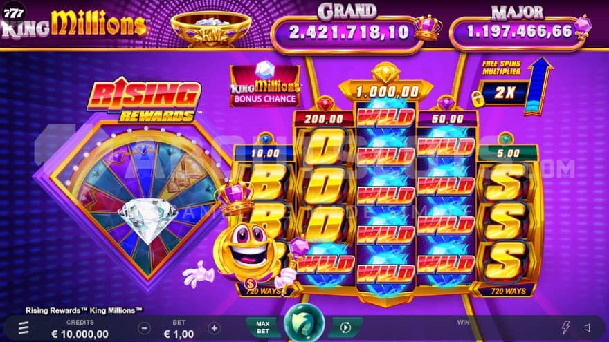 Base game with progressive King Millions Jackpots above the reels.