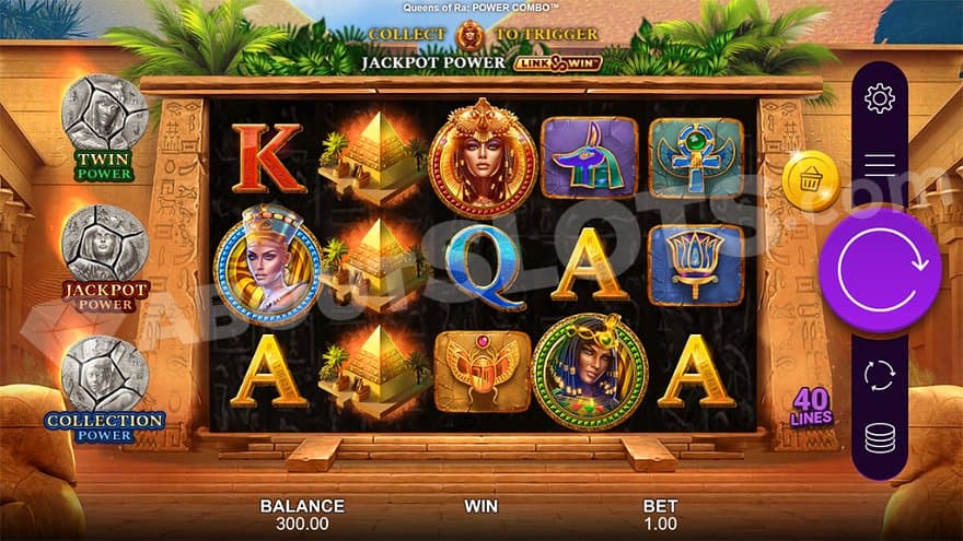 Five slot reels in front of a pyramid. 