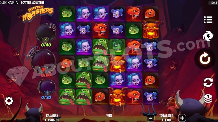 The slot's reels in hell with burning lava on the floor and creatures with horns.