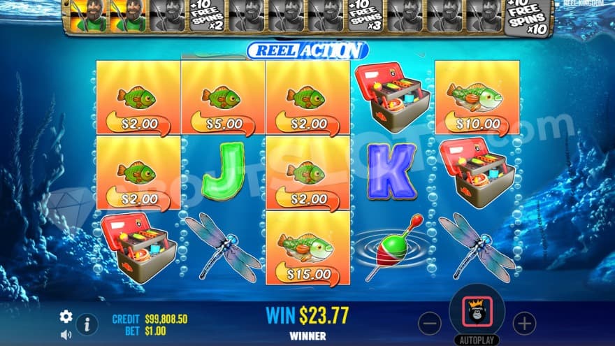 Free Spins bonus game with two collected fisherman symbols on the meter above the reels.