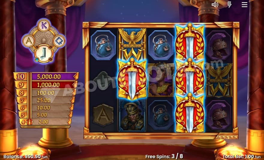 Free Spins bonus game with sword symbols on the reels.