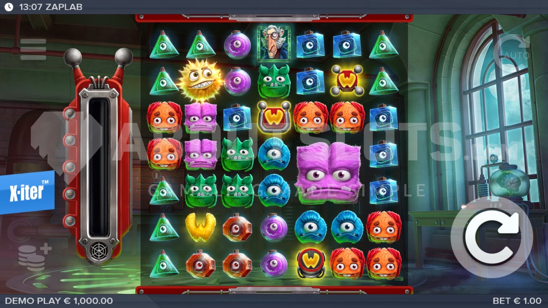 The playing grid is set inside a laboratory, filling the reels with weird monsters