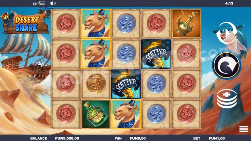 Base game with a shark on the right, swimming in the sand.