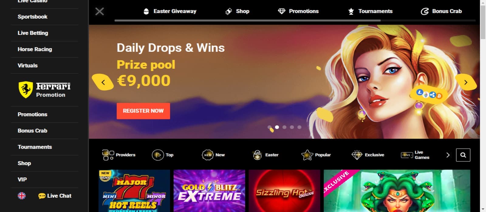 ZetCasino Casino landing page with the Daily Drops & Wins promotions banner, slot game icons and left navigational panel