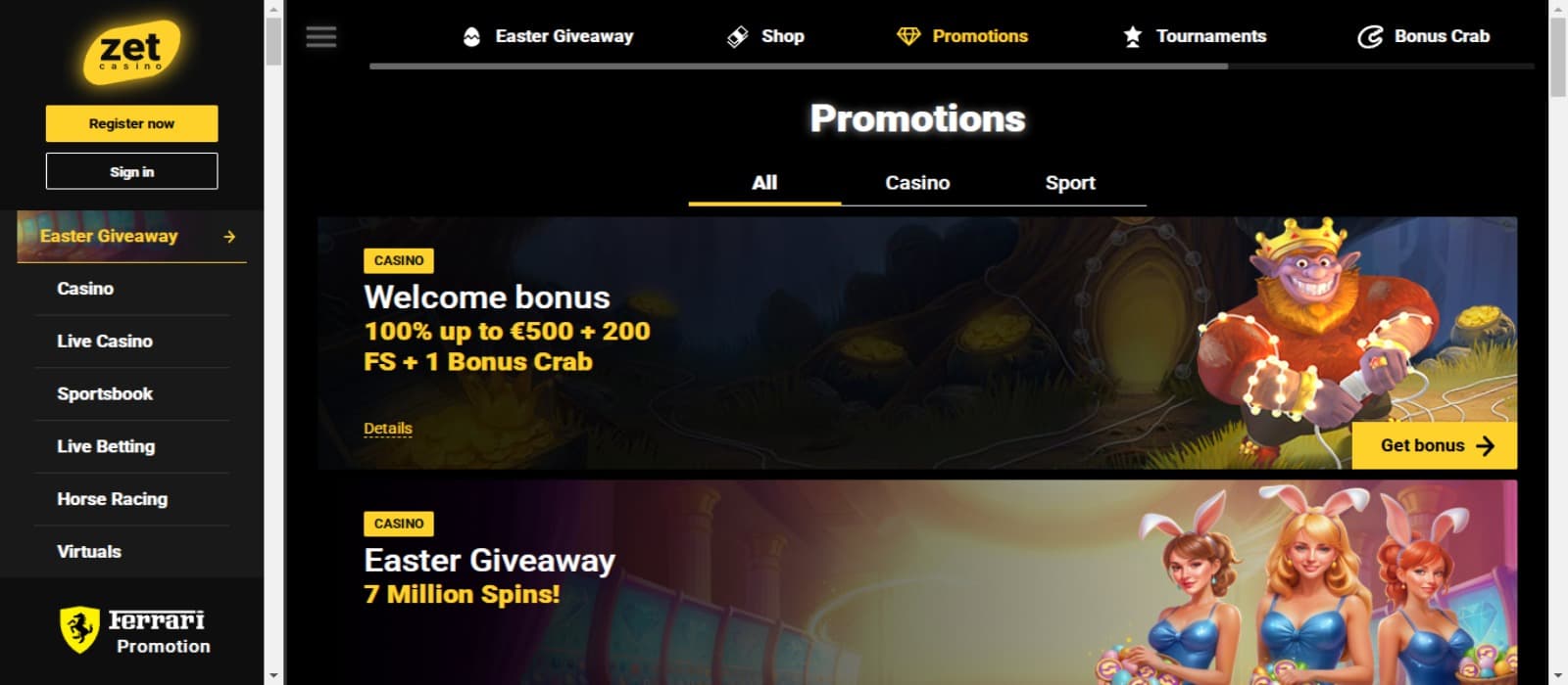 ZetCasino Casino promotions page with the welcome bonus offer banner and Easter Giveaway banner and left navigational menus