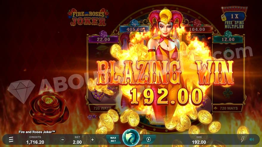 A Joker walking through fire and the text "Blazing Win 192.00."