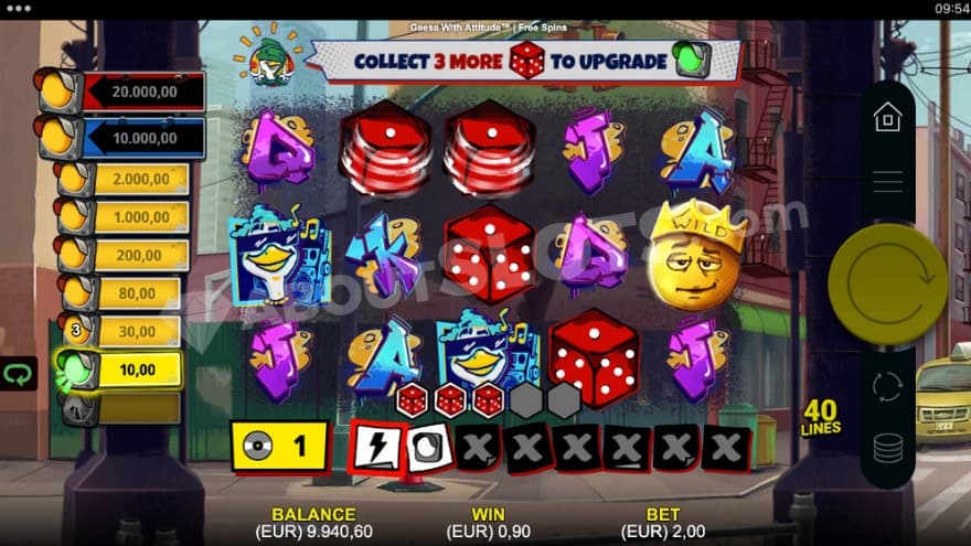 Dice Roller Bonus game with a paytable to the left.