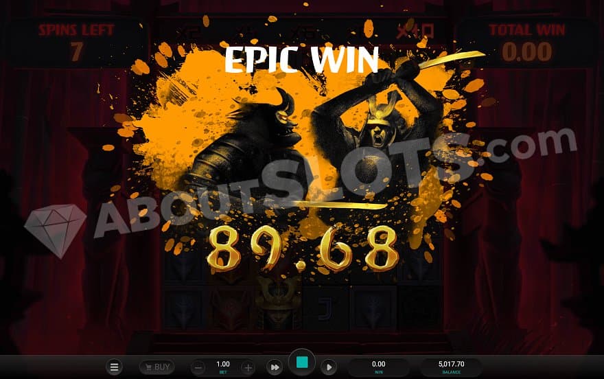 A screen saying Epic Win 89.68, showing a samurai raising his sword against an opponent.