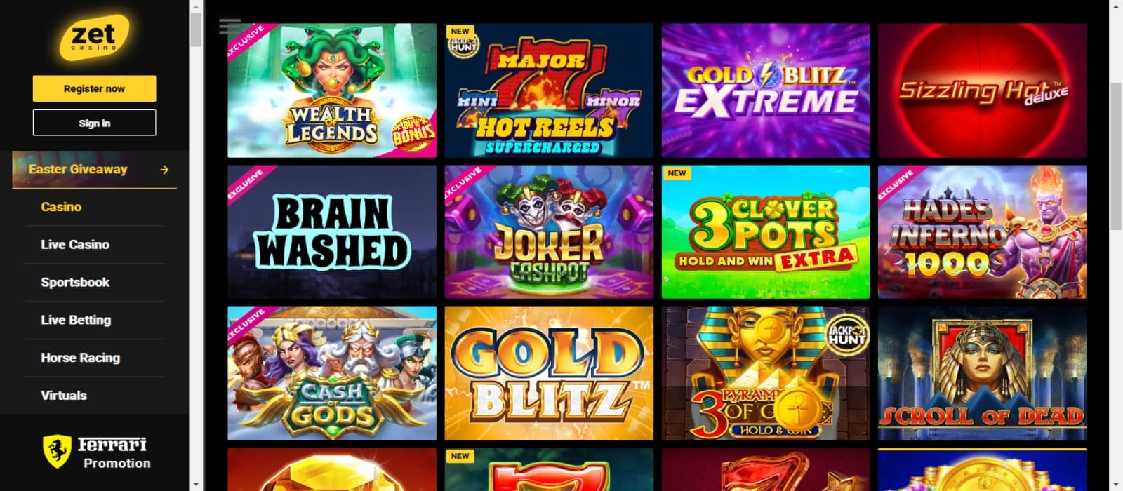 ZetCasino Casino games page with the colorful slot game icons and left navigational panel with casino logo