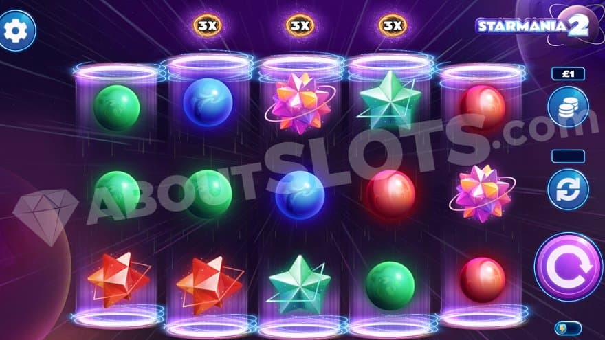 A casino slot in space with ball and star symbols. 