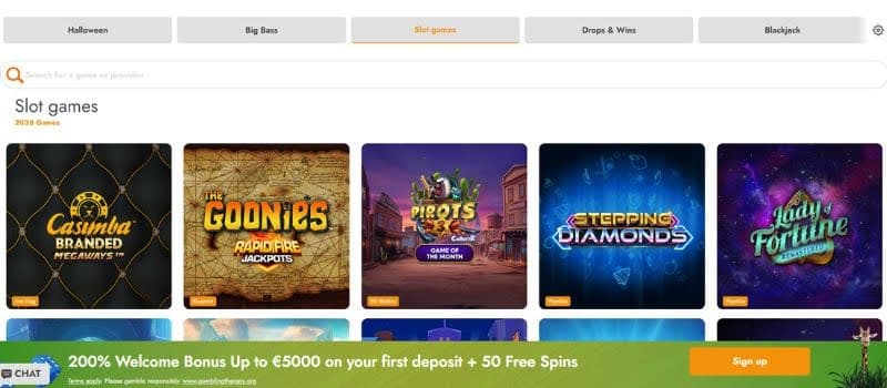 The gaming page at Casimba shows some of their slots of games like Pirots 3 and Lady Fortune.
