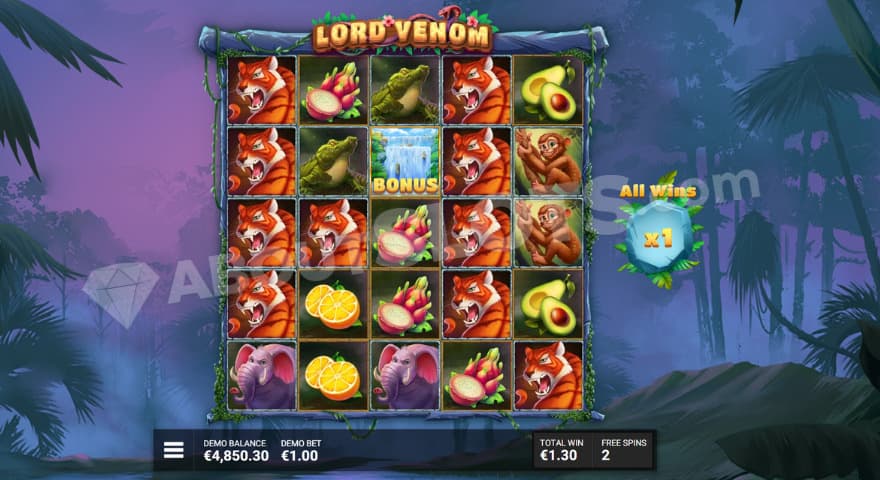 Bonus game with a current 1X total win multiplier.