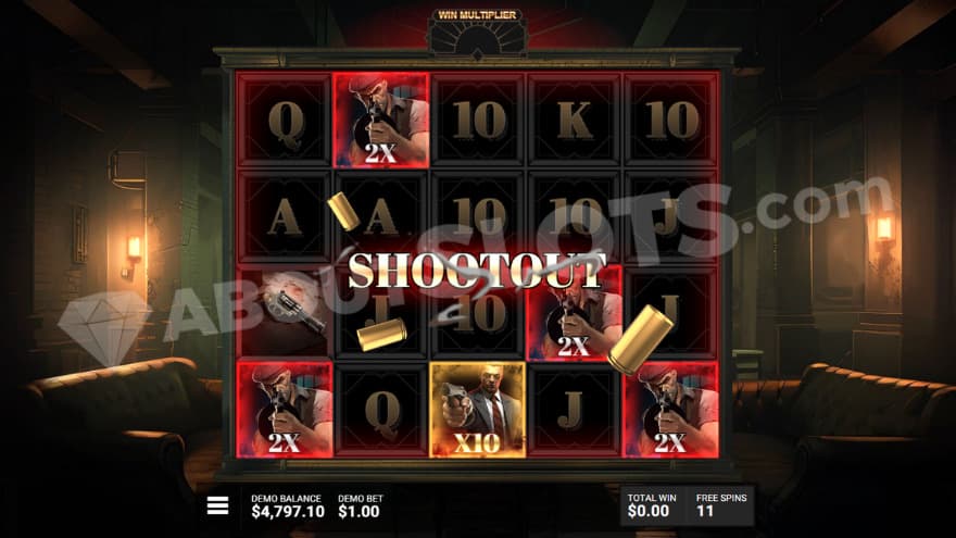 Shootout feature being active, with five multiplier symbols on the reels.