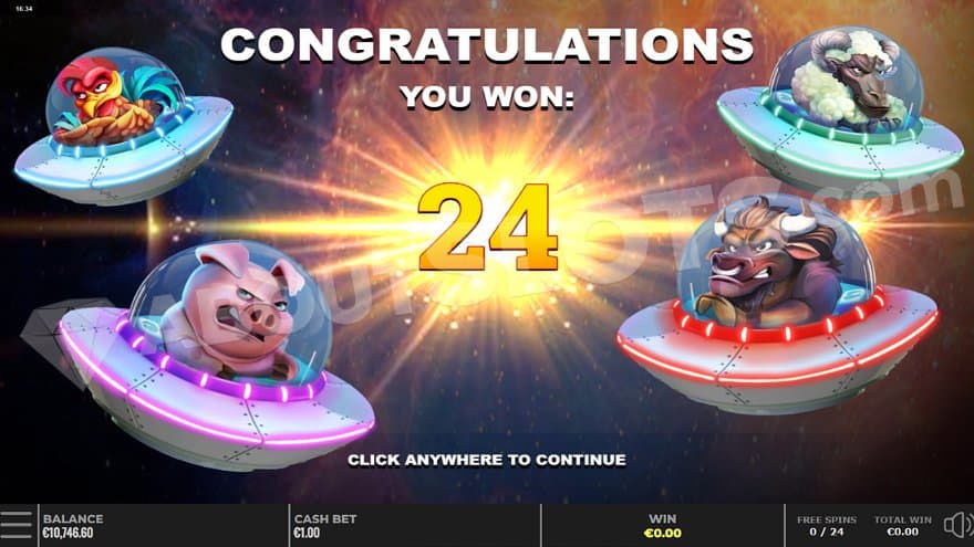 Four spaceships driven by animals soar in space and a text says: "Congratulations, you won: 24 free spins." 2