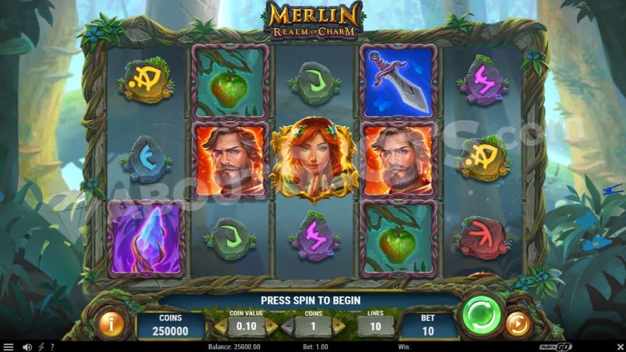 Base game with two Merlin symbols on the reels.