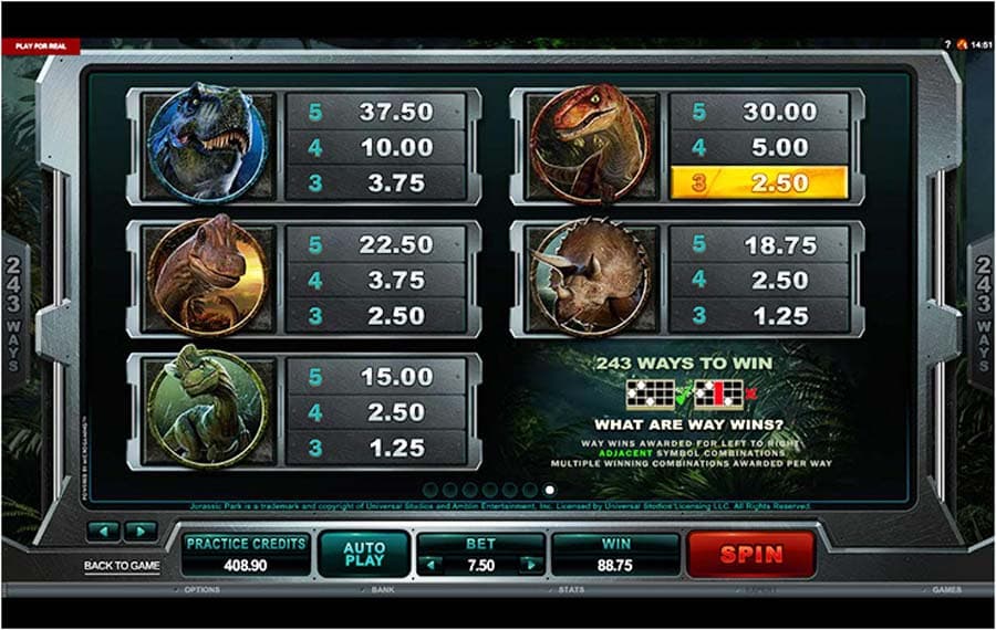 Jurassic Park slot paytable