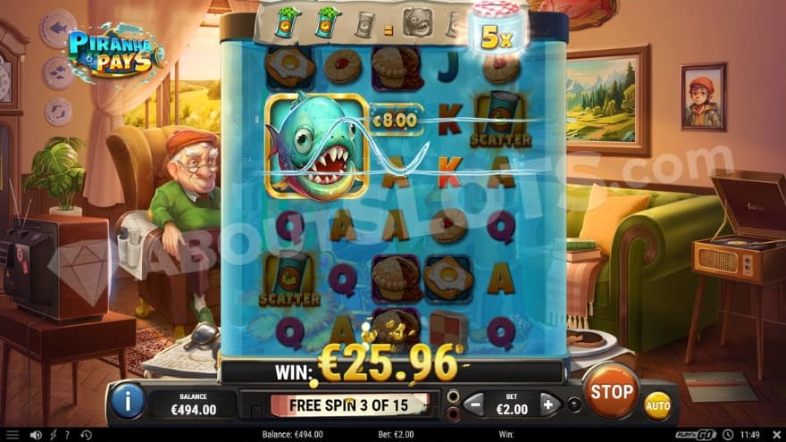 Free Spins bonus game with a big piranha symbol on the first and second reels.