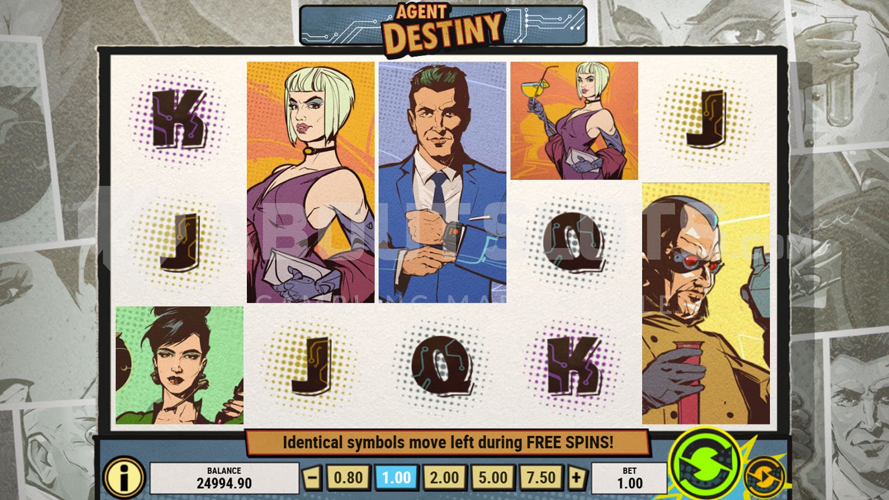 Base Game view of a 5x3 grid on a backdrop of a monochromatic comic book.
