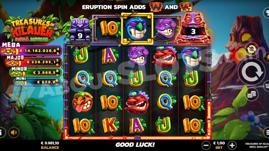 A casino slot in a jungle in front of a volcano. 