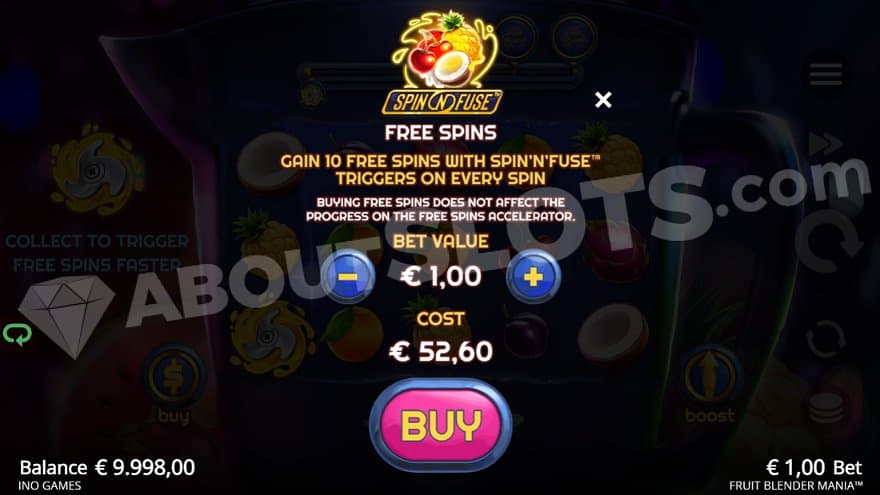 A screen offering the Free Spins feature for 52.60X the bet.