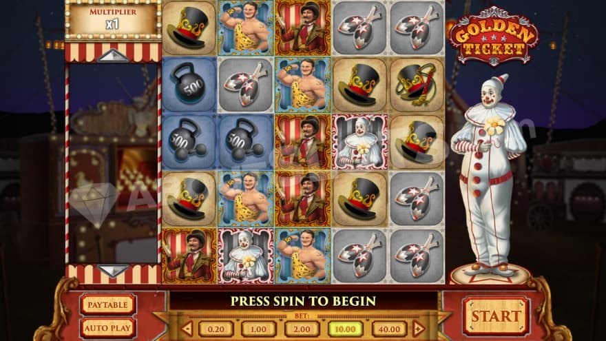 Base game where a clown dressed in white can be seen to the right of the reels.