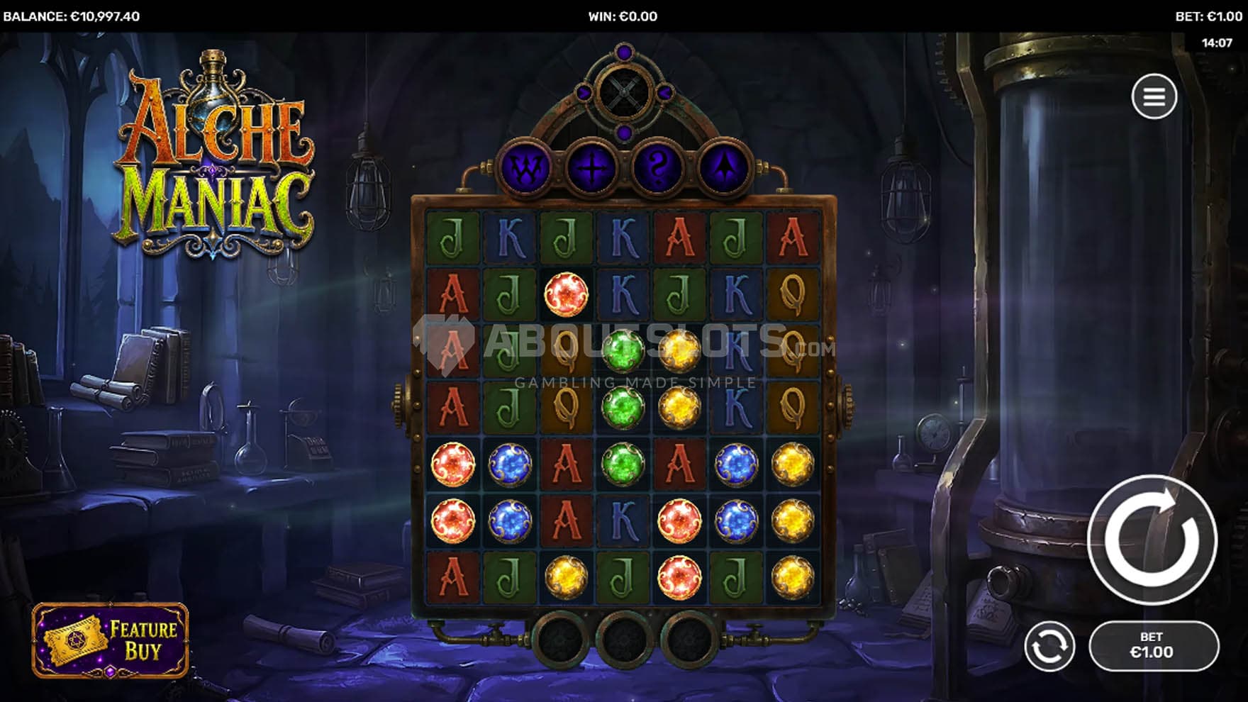 Screenshot of the base game, showing a 7x7 grid on a backdrop of a dark medieval laboratory.