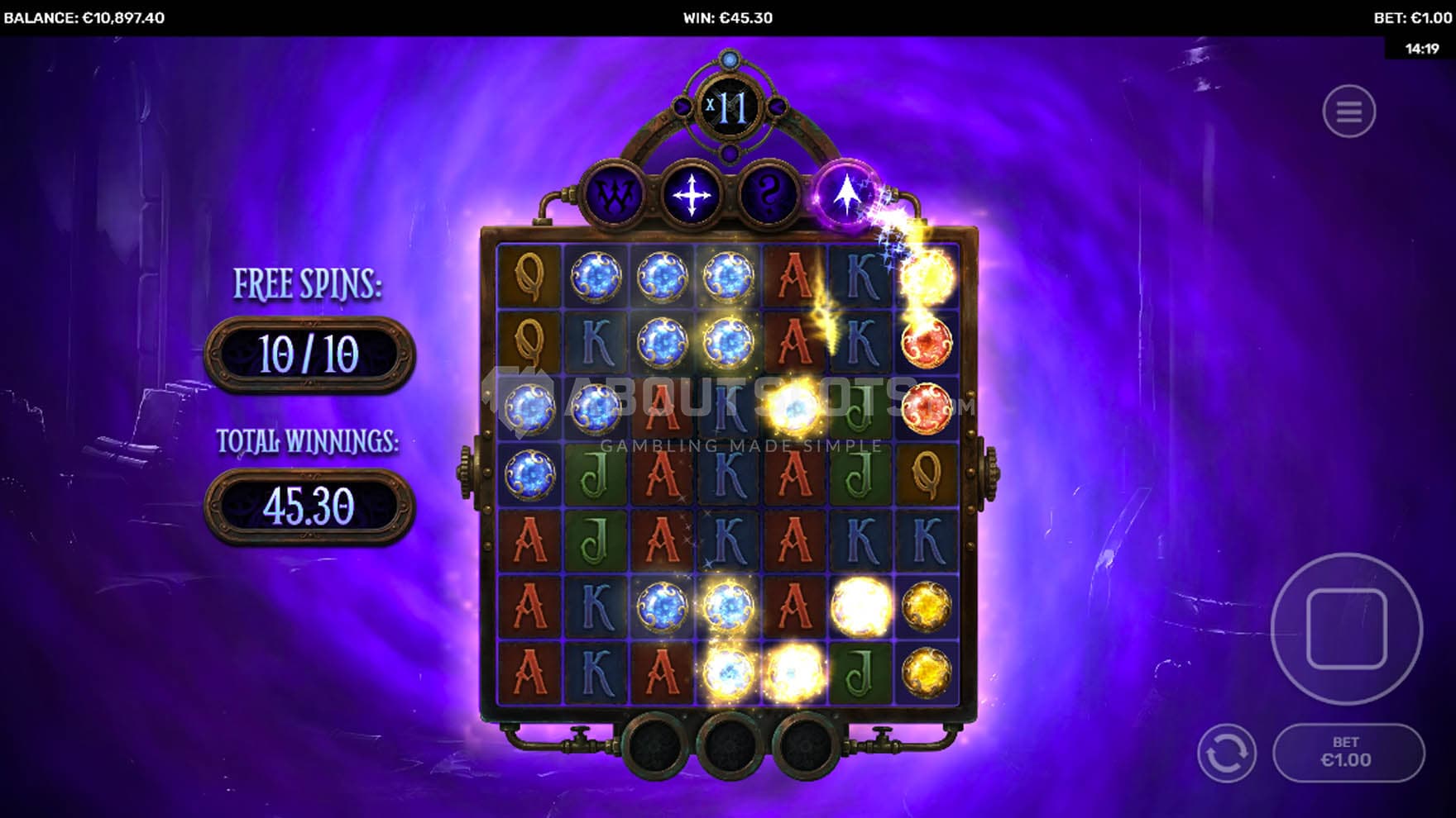 Screenshot of the Free Spins bonus in progress, showing one of the Enhancers releasing its power onto the grid.