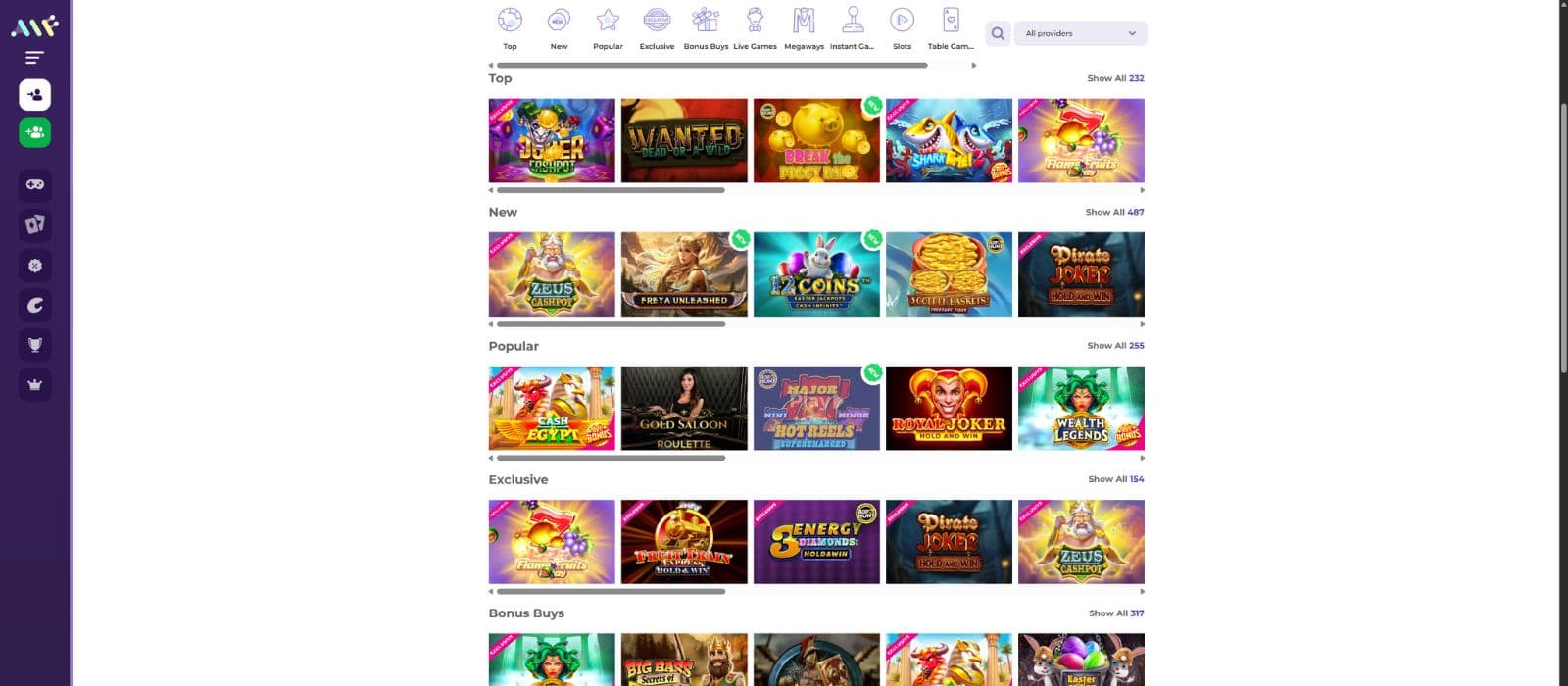 Alf Casino games page showing a selection of slot games