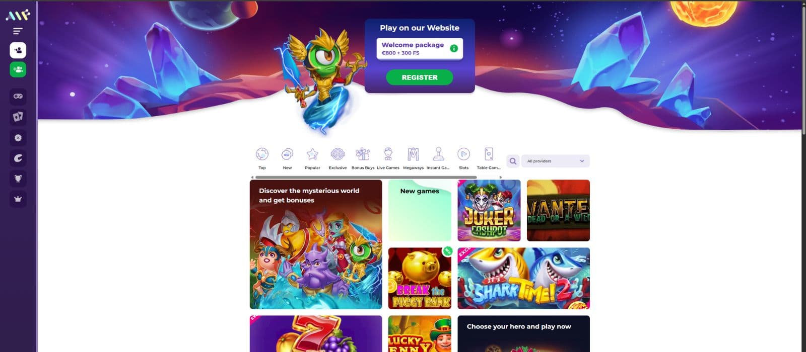 Alf Casino landing page showing the casino welcome bonus offer, a selection of games and the main menu to the left