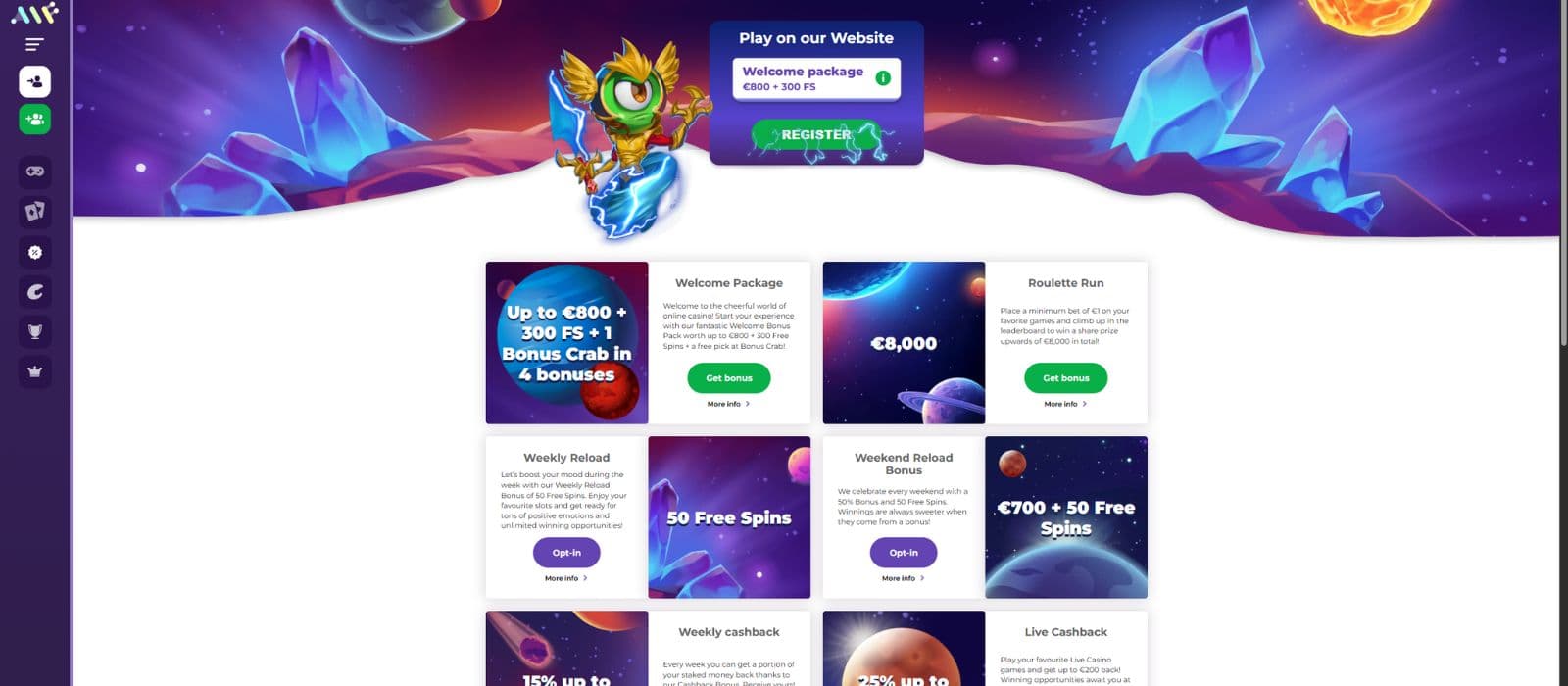 Alf Casino promotions page showing the welcome bonus offer and the other available promotions