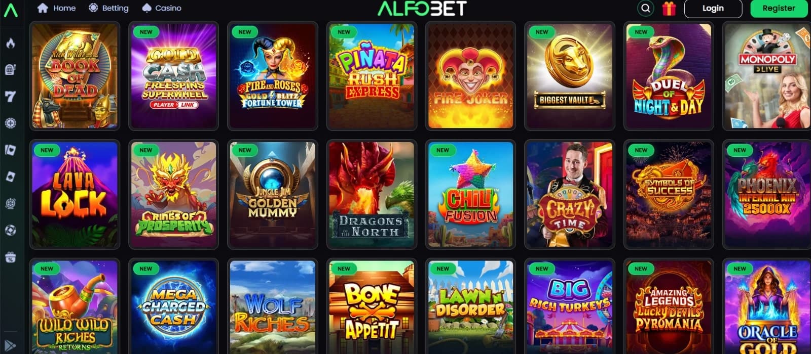Alfobet Caisno's game page featuring slots such as Book of Dead and show games such as Crazy Times