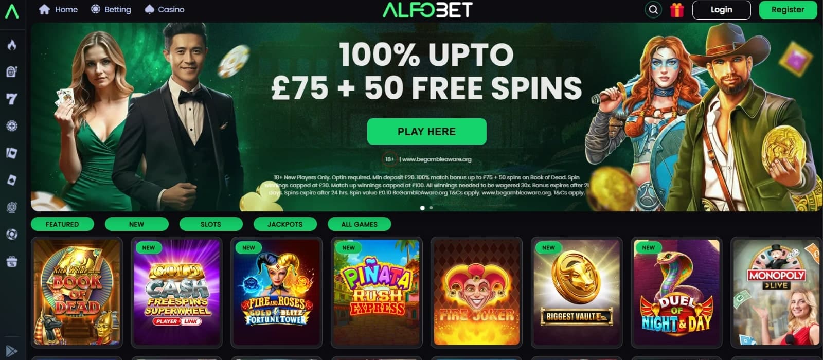 Alfobet Casino's landing page displaying the 100% up to 75 euro and 50 free spins welcome bonus with slot category buttons and featured games