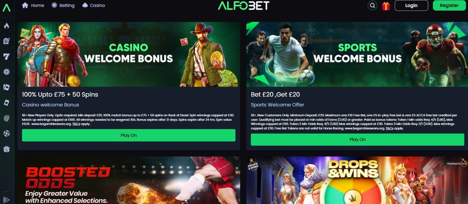 Alfobet Casino's promotional page with its casino and sports welcome bonuses, boosted odds and slots drops and wins