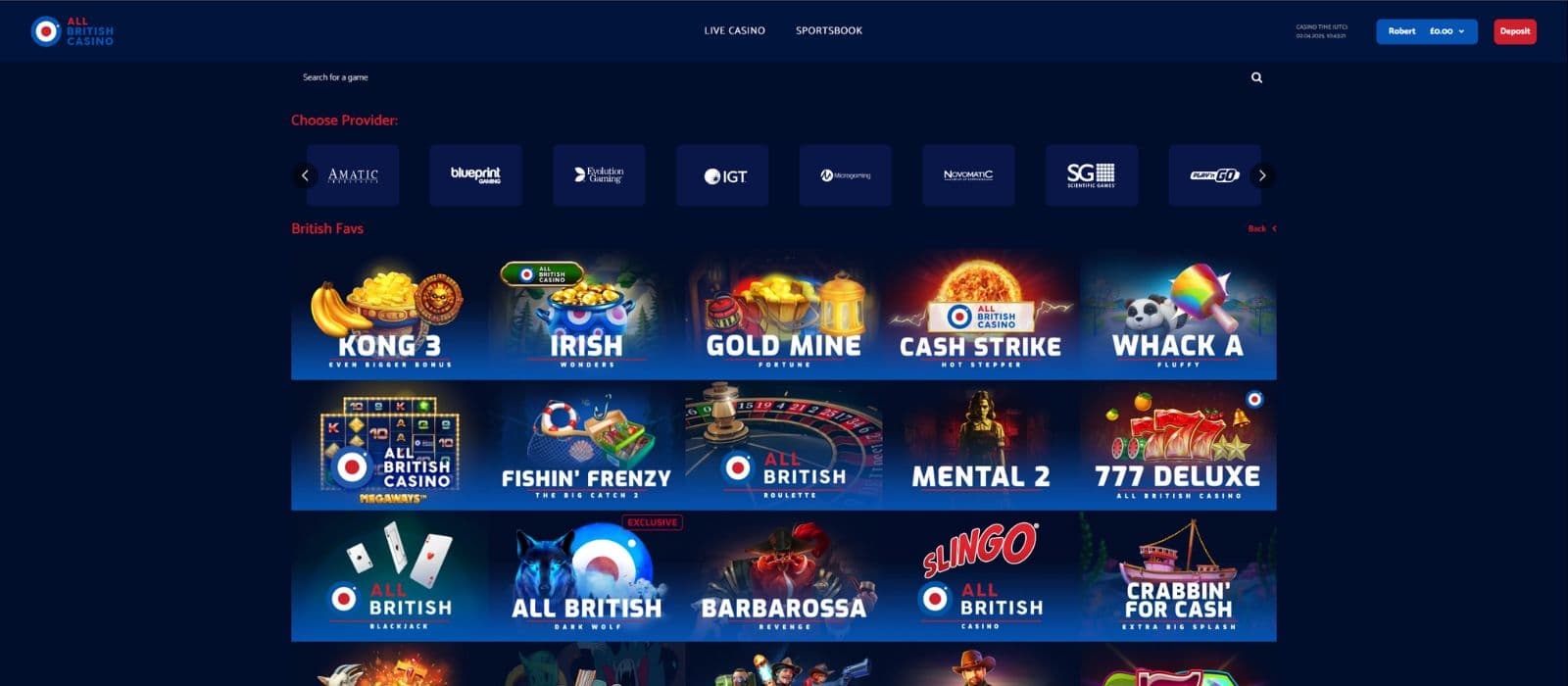 All British Casino games page showing a selection of different games and game providers
