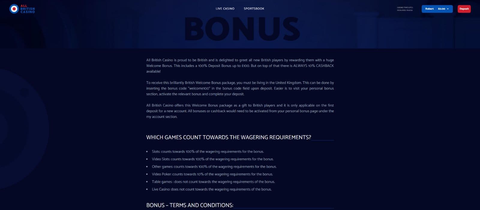 All British Casino promotions page with the terms and conditions for the welcome bonus offer