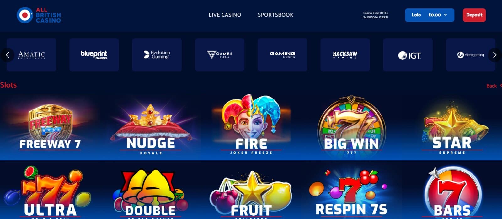 All British Casino games page featuring large slot icons under slider of game providers