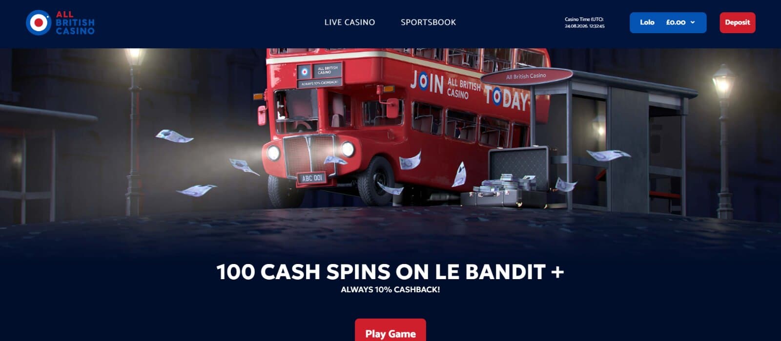 All British Casino landing page featuring banner image of double decker red bus and 100 cash spins welcome offer 