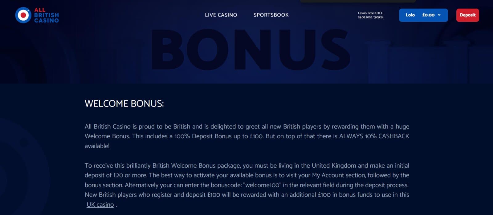 All British Casino bonus page featuring the terms for the UK  version of the welcome bonus