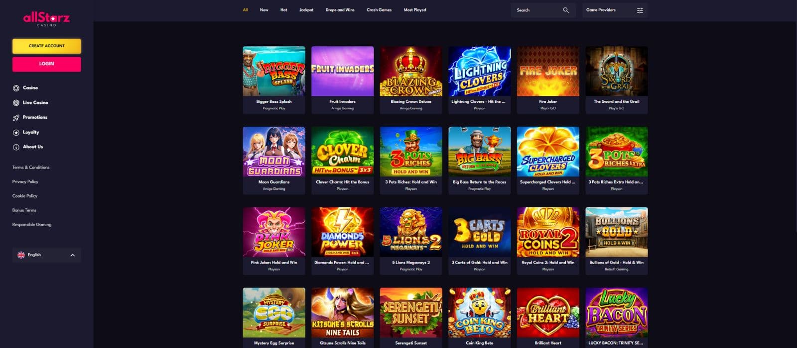 Allstarz Casino games page showing a selection of the most popular slots