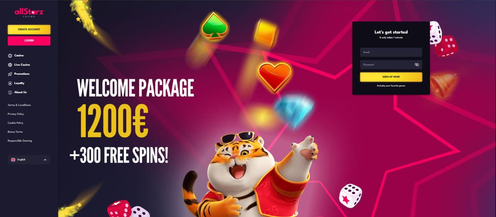 Allstarz Casino landing page showing the welcome bonus offer, registration form and the main menu on the left side