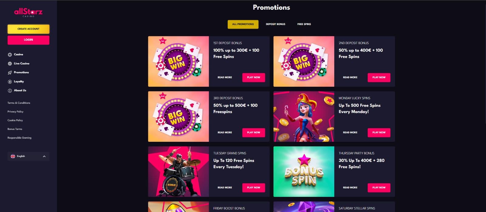 Allstarz Casino promotion page showing the available welcome offers and other promotions