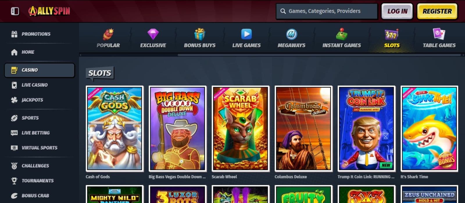 Allyspin Casino's slot games category, showing exciting titles like Cash of Gods and other impressive games.