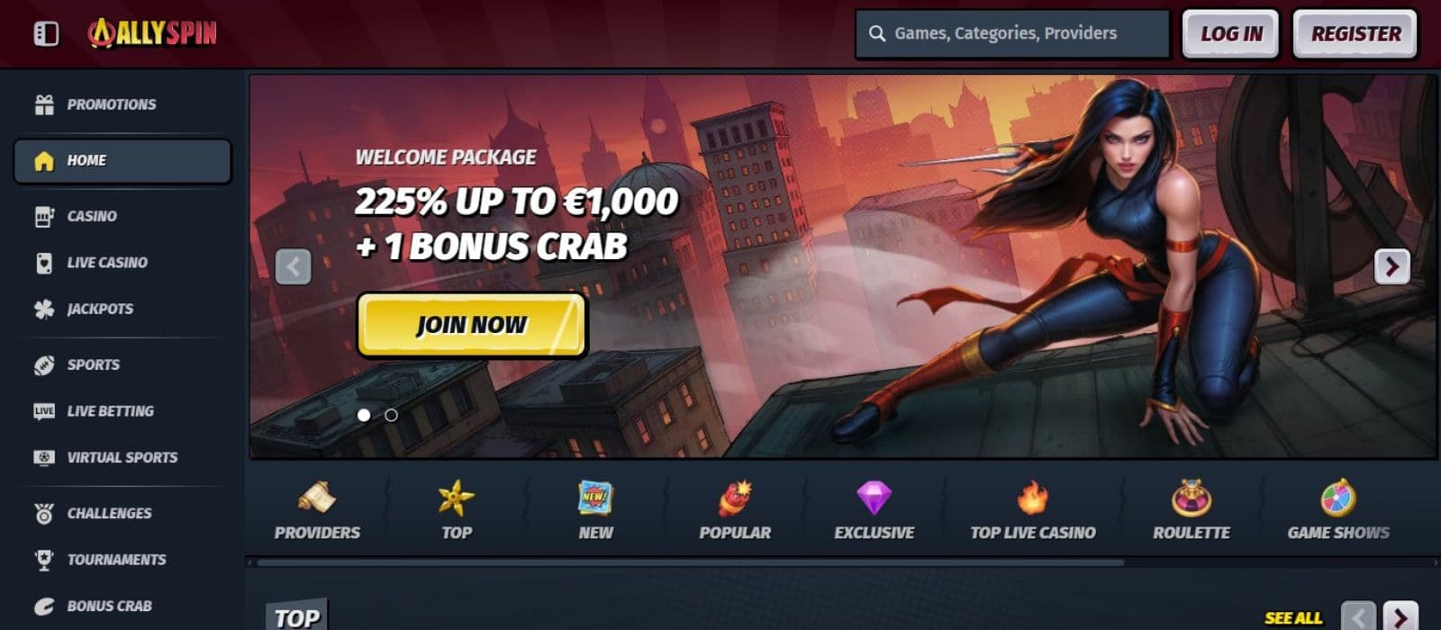 Allyspin Casino's homepage, showing the welcome bonus flanked by a game avatar and a sidebar menu.