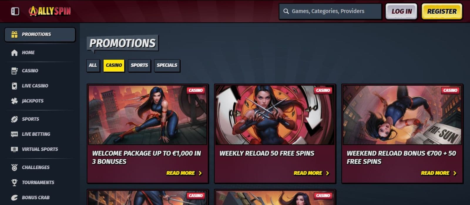 Allyspin Casino's promotions page, showing the welcome bonus package and a couple of reload bonuses.