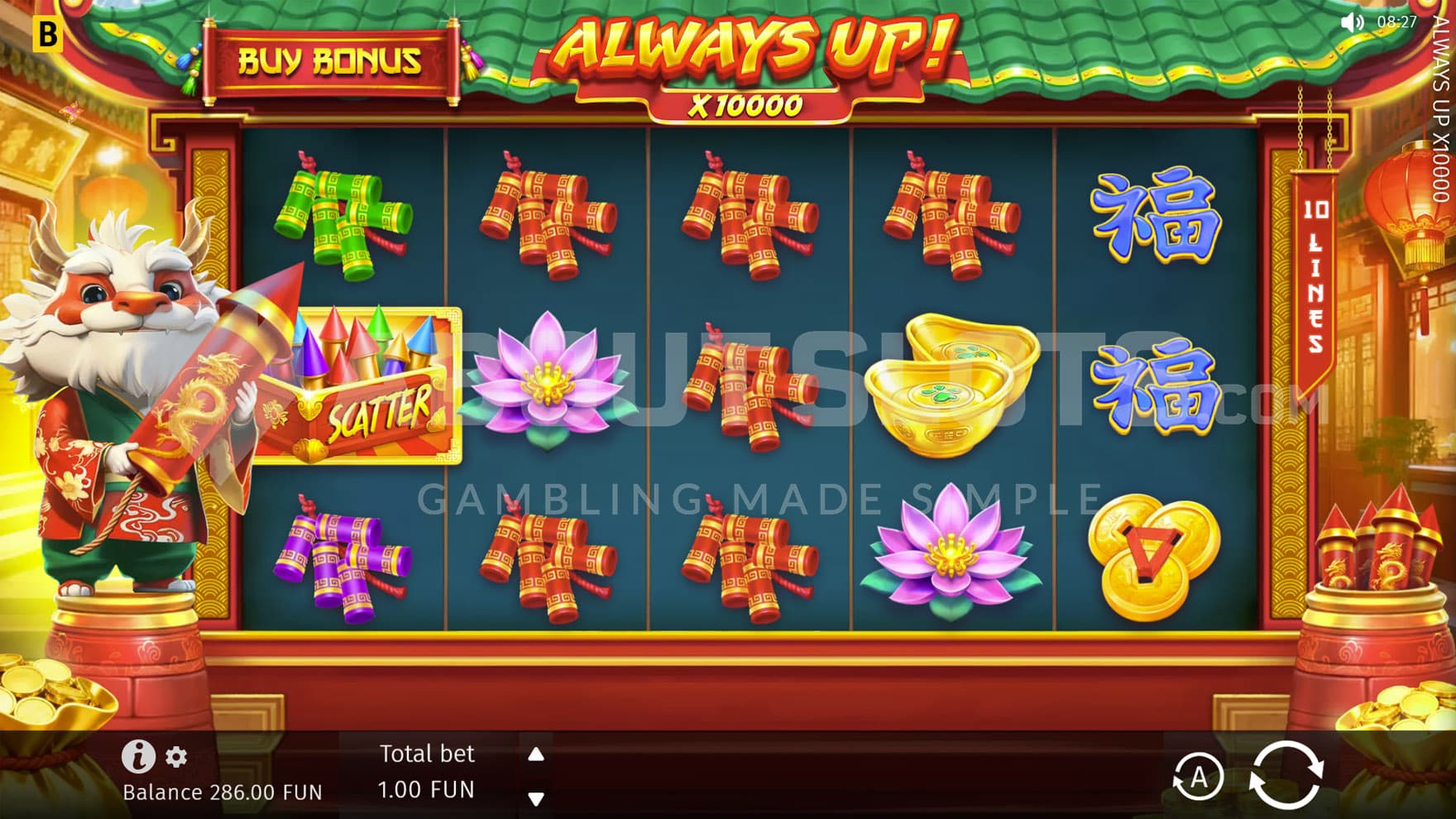 Base Game view of a 5x3 grid on a backdrop of a classic Chinese town.