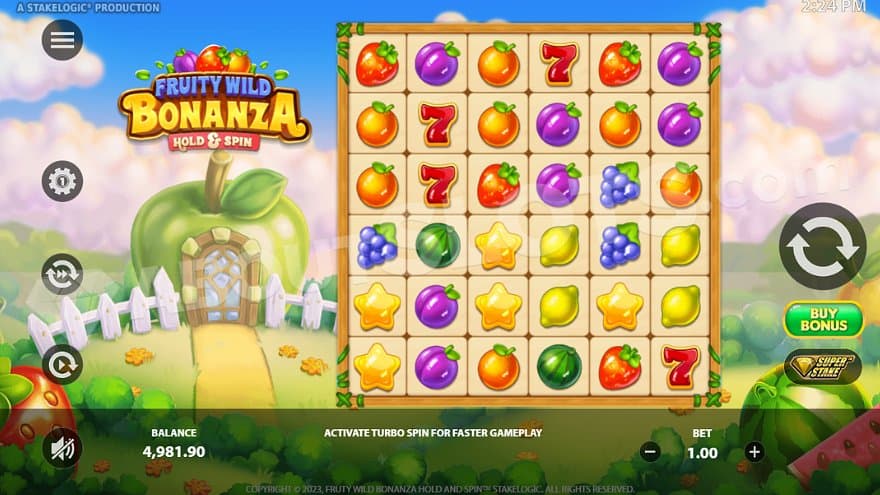 A fantasy world with a house made of an apple with the 6x6 grid in the middle.