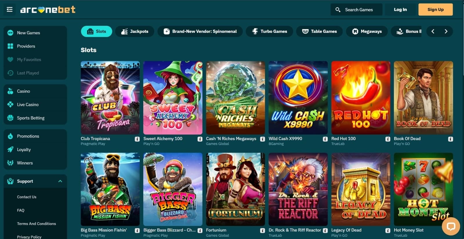 ArcaneBet Casino's games page featuring slots such as Book of Dead and RedHot 100, under category tabs and search box